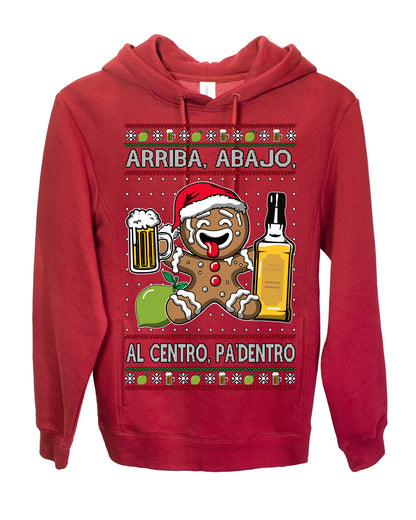 Arriba Abajo Al Centro Pa'Dentro Cheers to Health, Drinking Beer Cerveza Funny Gingerbread Xmas Cookie Ropa en Espanol Salud Ugly Christmas Sweater Ugly Christmas Premium Side-Pocket Hoodie Sweatshirt