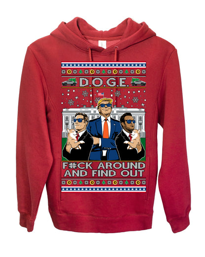 Doge F Around and Find Out Donald Trump Elon Vivek, Department of Govenmental Efficiency D.O.G.E. Republicans MAGA Ugly Christmas Sweater Ugly Christmas Premium Side-Pocket Hoodie Sweatshirt