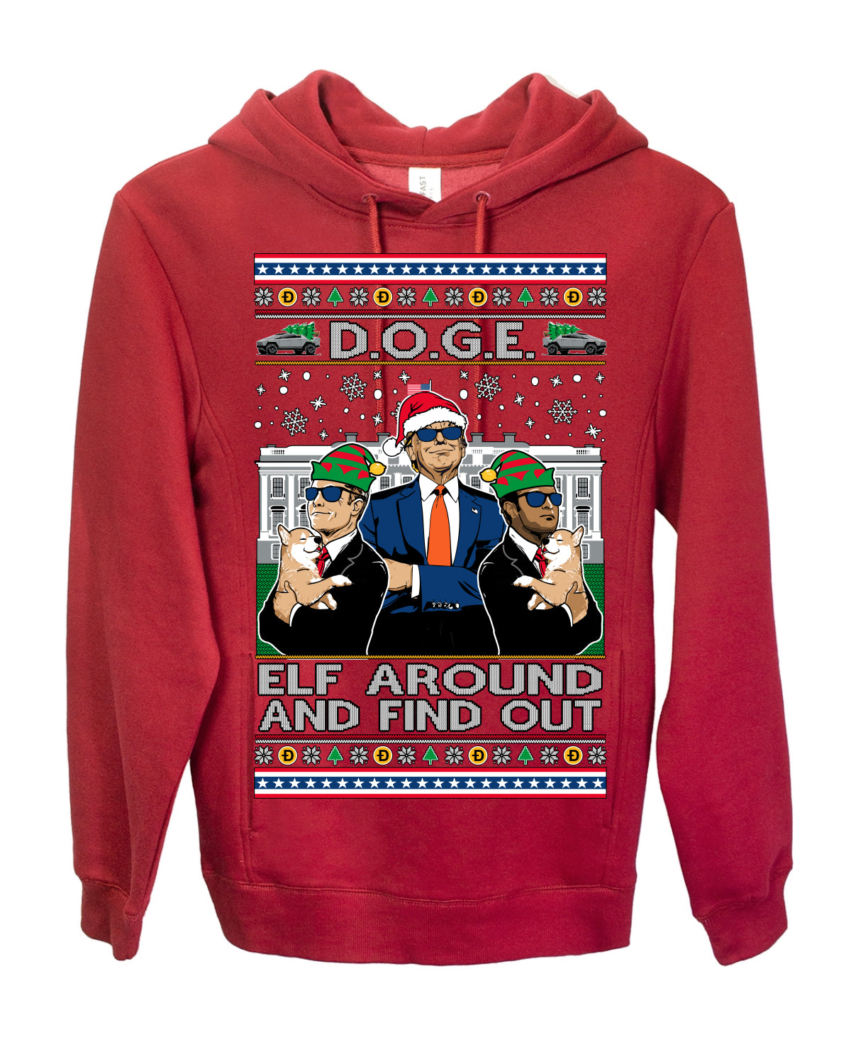 Doge Elf Around and Find Out Trump Elon Vivek, Department of Govenmental Efficiency D.O.G.E. Republicans MAGA Ugly Christmas Sweater Ugly Christmas Premium Side-Pocket Hoodie Sweatshirt