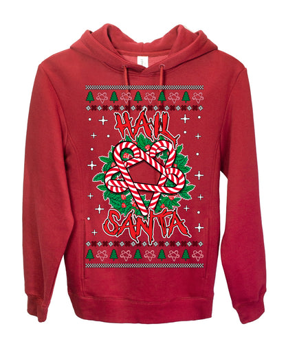 Hail Santa Funny Satanic, Candy Cane Wreath Devil Heavy Metal Rock Metalcore Music, Satan 666 Agnostic Areligious Ugly Christmas Sweater Ugly Christmas Premium Side-Pocket Hoodie Sweatshirt