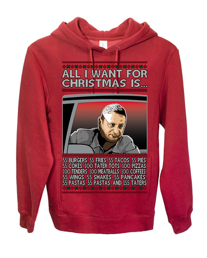 All I Want for Christmas Is 55 Burgers 55 Fries 55 Tacos 55 Pies, Funny Viral I Think Tim TV Show Gen Z Alpha Brainrot Meme Ugly Christmas Sweater Ugly Christmas Premium Side-Pocket Hoodie Sweatshirt