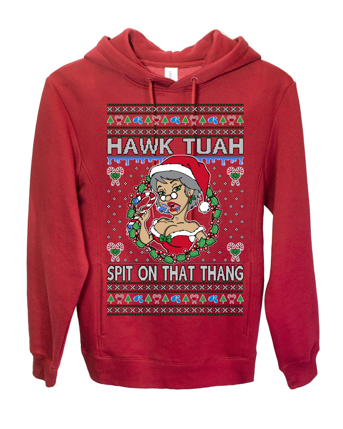 Hawk Tuah Spit On That Thang, Viral Hilarious Candy Cane Mrs Claus Funny Naughty Suck Meme, Ugly Christmas Sweater Ugly Christmas Premium Side-Pocket Hoodie Sweatshirt