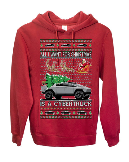 All I Want for Christmas is a Cybertruck, Funny Tech Cyber Truck Elon Musk Santa Claus Reindeer, Meme Ugly Christmas Sweater Ugly Christmas Premium Side-Pocket Hoodie Sweatshirt