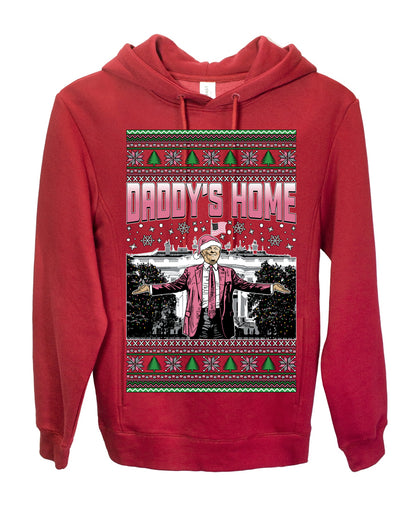 Daddy's Home Pink Suit, I'll Be Home for Christmas | Funny Santa Clause President Donald Trump White House Holiday Xmas Sweaters, MAGA Ugly Christmas Premium Side-Pocket Hoodie Sweatshirt