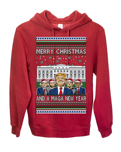 Merry Christmas and a MAGA New Year 2025, Trump Vance Administration 45 47 Make America Great Again USA Ugly Christmas Sweater Ugly Christmas Premium Side-Pocket Hoodie Sweatshirt