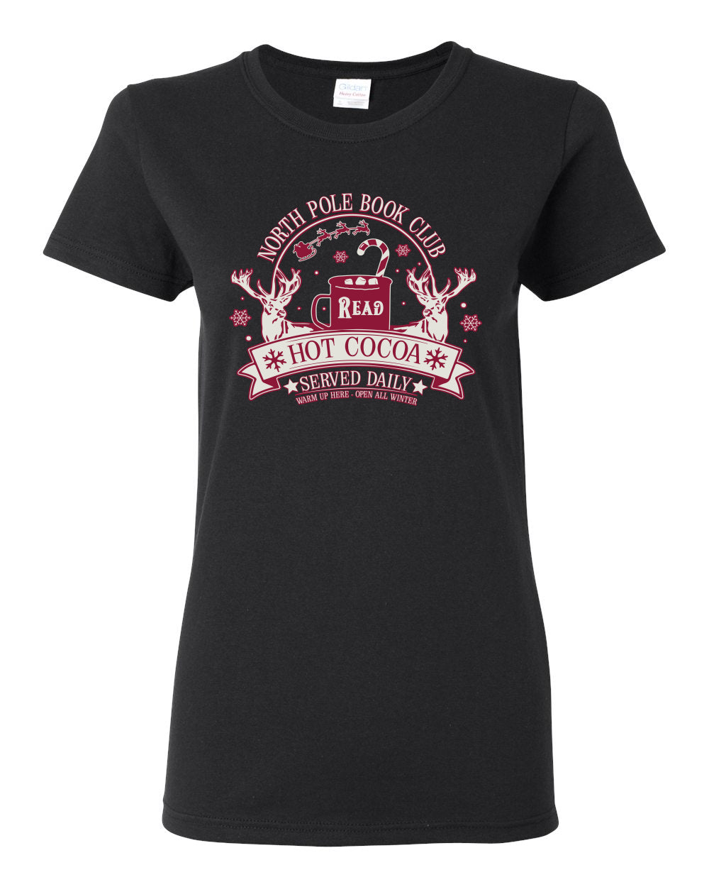 North Pole Book Club | Hot Cocoa Served Daily, Cute Funny Read Books Reading Snow Reindeer Winter Hot Chocolate Ugly Christmas Womens Graphic T-Shirt