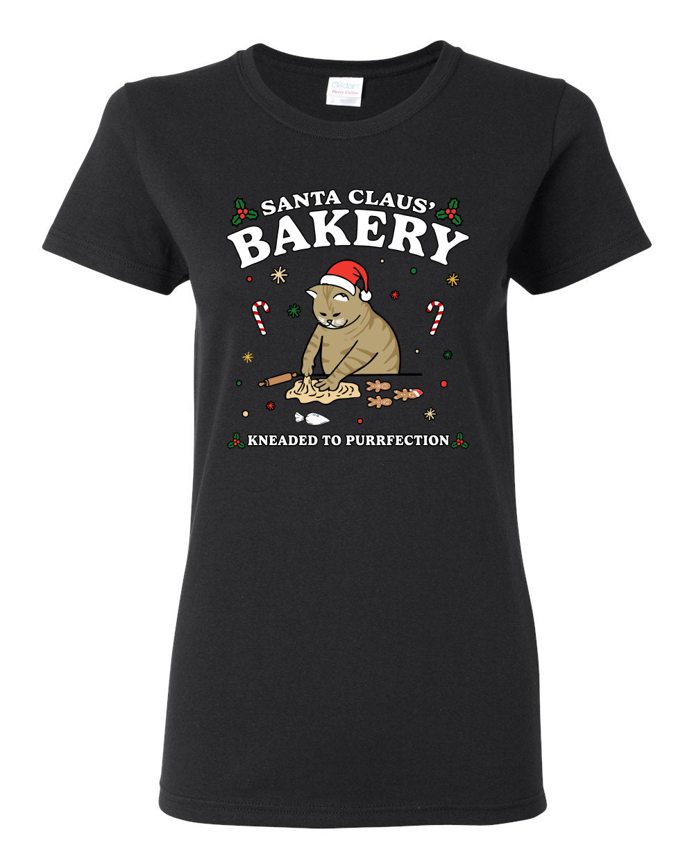 Santa Claus Bakery | Bread Kneaded to Purrfection, Funny Cute Cat Chef Baker Joke Ugly Christmas Womens Graphic T-Shirt