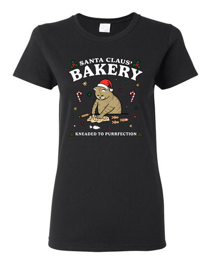 Santa Claus Bakery | Bread Kneaded to Purrfection, Funny Cute Cat Chef Baker Joke Ugly Christmas Womens Graphic T-Shirt