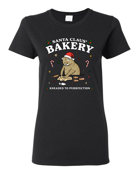 Santa Claus Bakery | Bread Kneaded to Purrfection, Funny Cute Cat Chef Baker Joke Ugly Christmas Womens Graphic T-Shirt