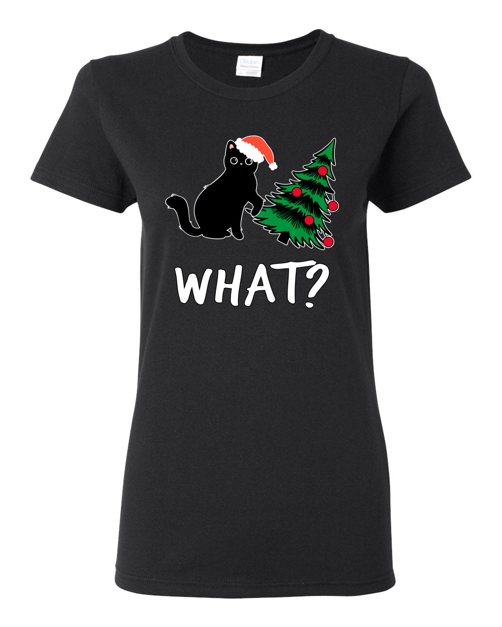 What? Funny Guilty Santa Cat Christmas Tree Mischief Pet Humor Ugly Christmas Womens Graphic T-Shirt