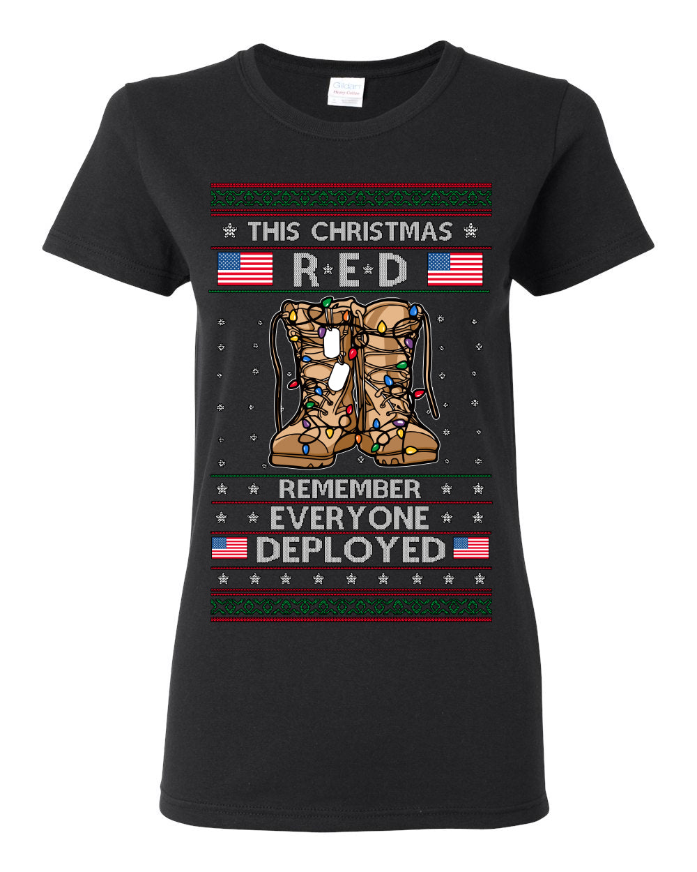 This Christmas RED Remember Everyone Deployed, Pro Military Vet 1st 2nd Amendment Veteran, RED Friday Ugly Christmas Sweater Ugly Christmas Womens Graphic T-Shirt