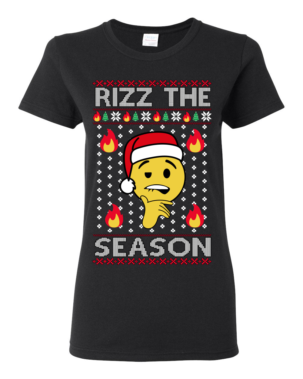 Rizz the Season, Viral Internet Fire Emoji Face Meme Romance Slang, Ugly Christmas Sweater Ugly Christmas Womens Graphic T-Shirt