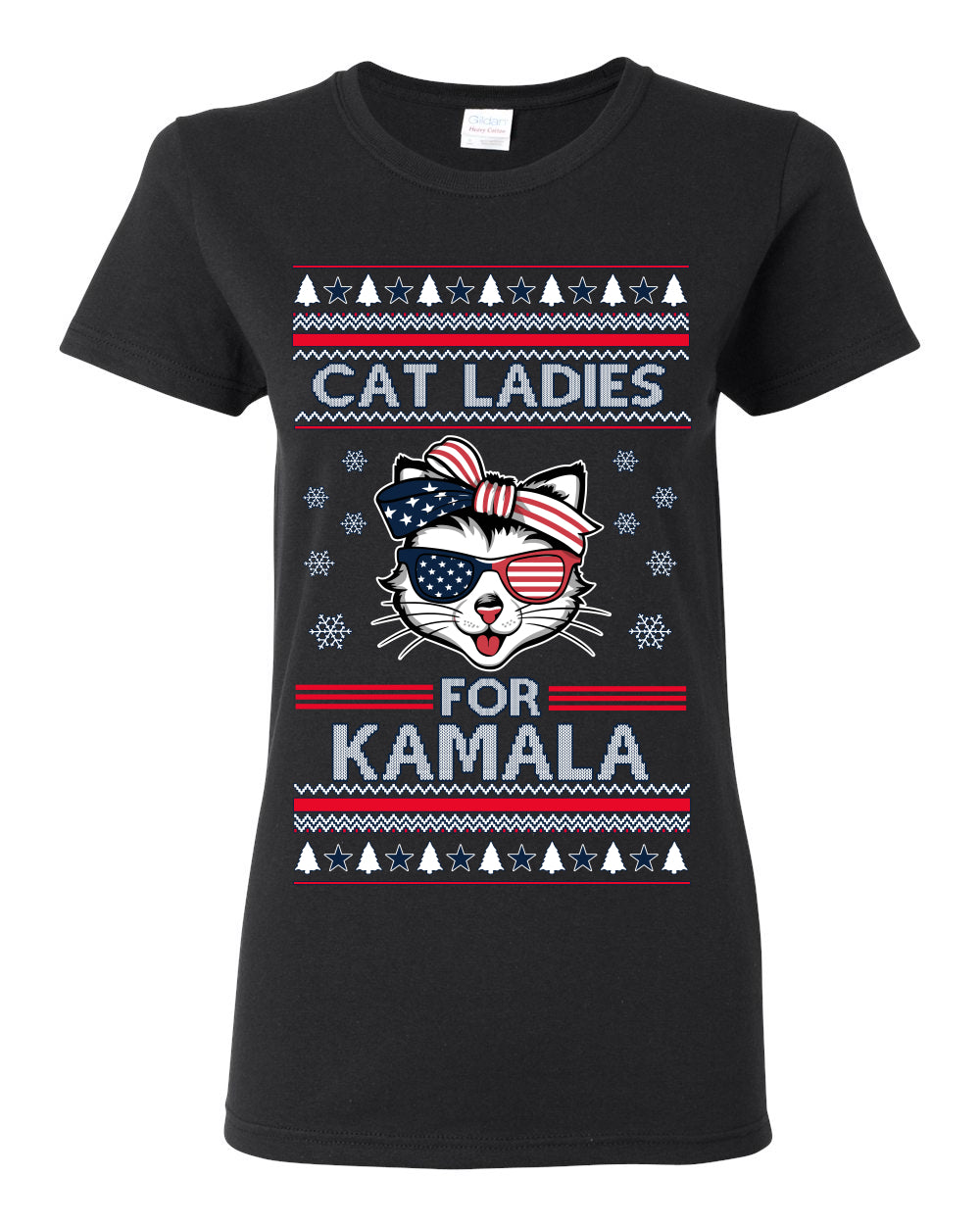 Cat Ladies for Kamala USA Glasses, Harris Tim Walz 2024 Cute USA Glasses Bow, Ugly Christmas Sweater Crewneck Sweatshirt Ugly Christmas Womens Graphic T-Shirt