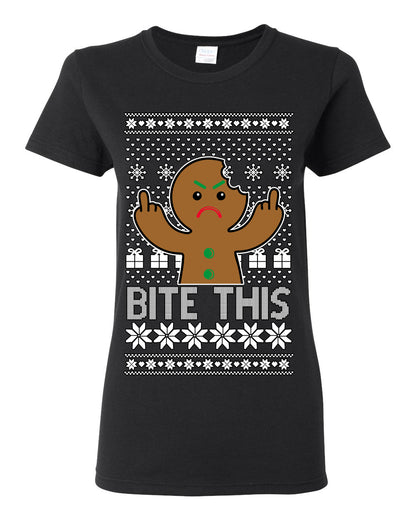 Bite This, Funny Gingerbread Cookie Offensive Inappropriate Middle Finger, F U Ginger Bread Dirty Novelty Xmas Ugly Christmas Sweater Ugly Christmas Womens Graphic T-Shirt