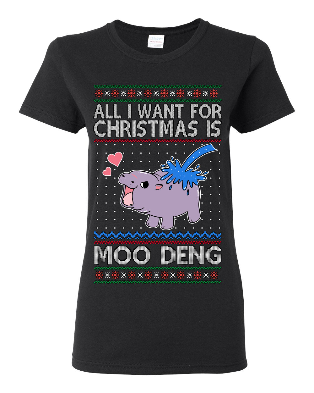 All I Want for Christmas is Moo Deng, Cute Pygmy Hippo Meme Viral Zoo Animal Y2K Era Funny Memes, Ugly Christmas Sweater Ugly Christmas Womens Graphic T-Shirt