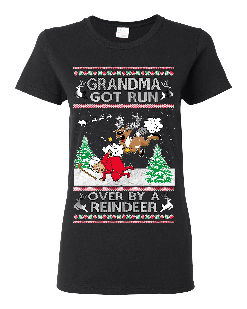 Grandma Got Run Over by a Reindeer, Funny Animated Design Rein Deer Kids TV Song Movie, Ugly Christmas Sweater Ugly Christmas Womens Graphic T-Shirt