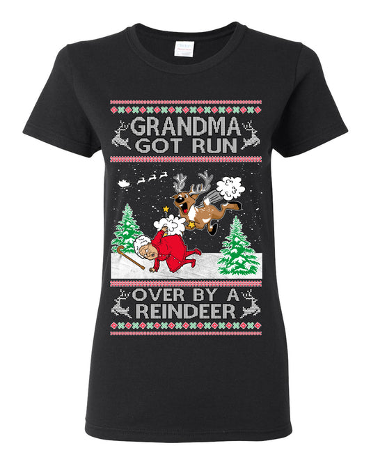 Grandma Got Run Over by a Reindeer, Funny Animated Design Rein Deer Kids TV Song Movie, Ugly Christmas Sweater Ugly Christmas Womens Graphic T-Shirt
