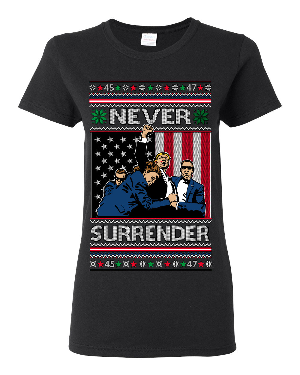 Never Surrender, Pro Donald Trump Fight Fight Fight Fist Pump 2024 Butler PA Rally Shot, Ugly Christmas Sweater Ugly Christmas Womens Graphic T-Shirt