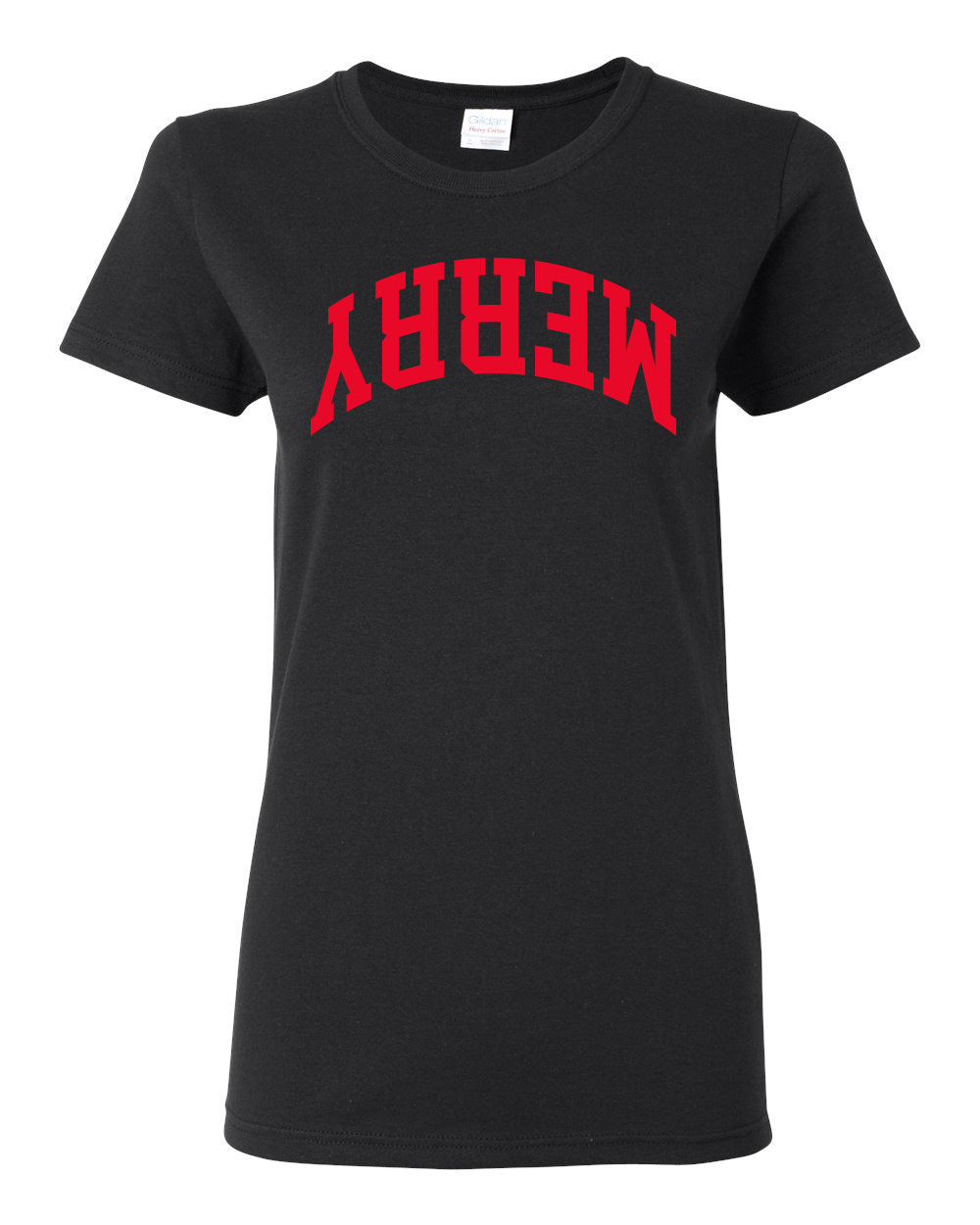 Merry Red Text, Classic College Style Trendy Upside Down Text Ugly Christmas Sweater Ugly Christmas Womens Graphic T-Shirt