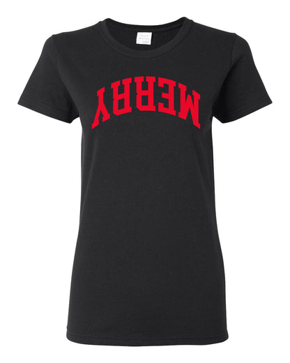 Merry Red Text, Classic College Style Trendy Upside Down Text Ugly Christmas Sweater Ugly Christmas Womens Graphic T-Shirt