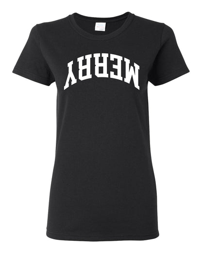Merry White Text, Classic College Style Trendy Upside Down Ugly Christmas Sweater Ugly Christmas Womens Graphic T-Shirt