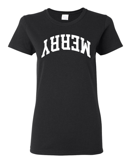 Merry White Text, Classic College Style Trendy Upside Down Ugly Christmas Sweater Ugly Christmas Womens Graphic T-Shirt