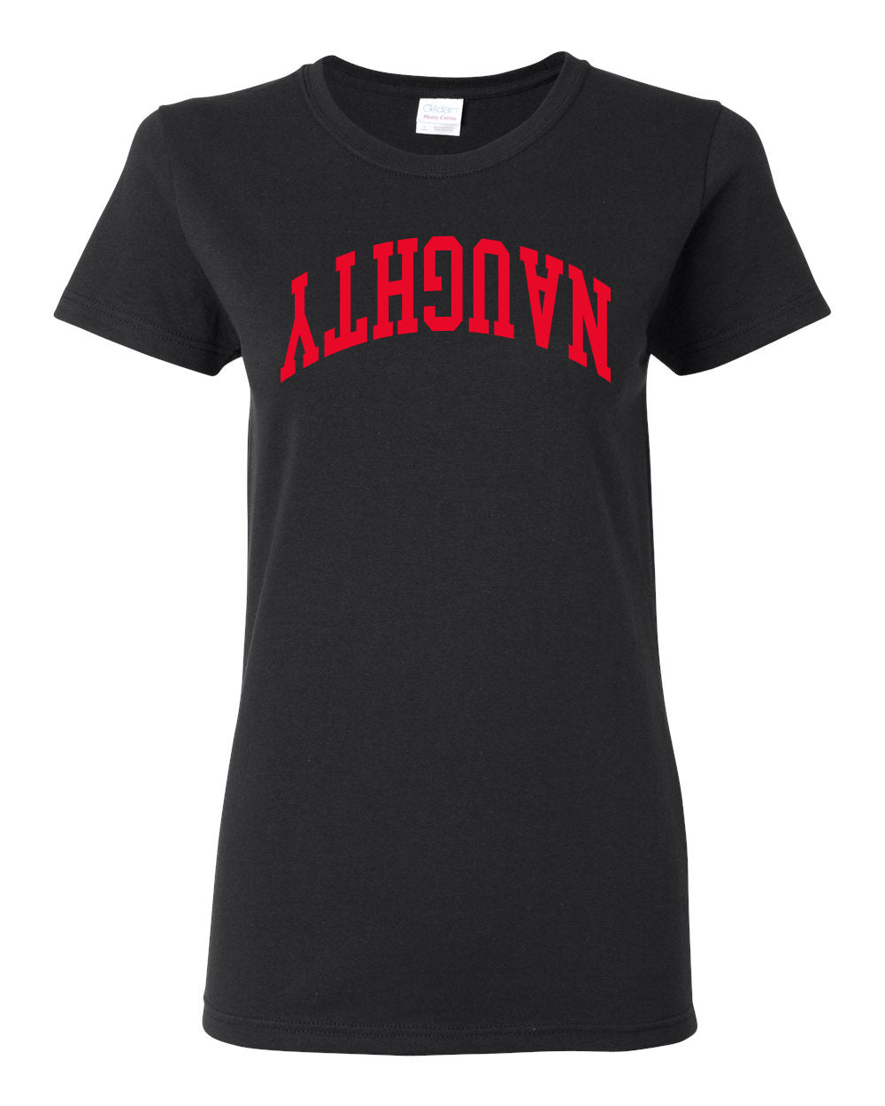 Naughty Red Text, Classic College Style Trendy Upside Down Text Ugly Christmas Sweater Ugly Christmas Womens Graphic T-Shirt