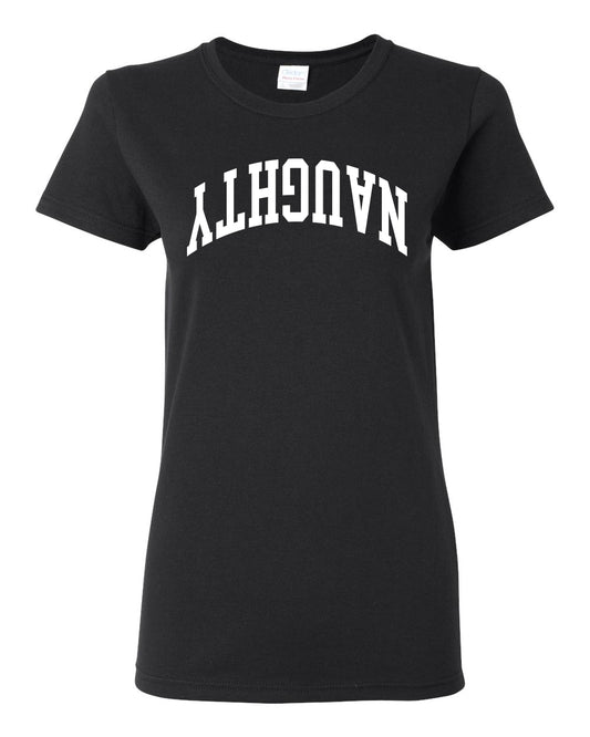Naughty White Text, Classic College Style Trendy Upside Down Ugly Christmas Sweater Ugly Christmas Womens Graphic T-Shirt