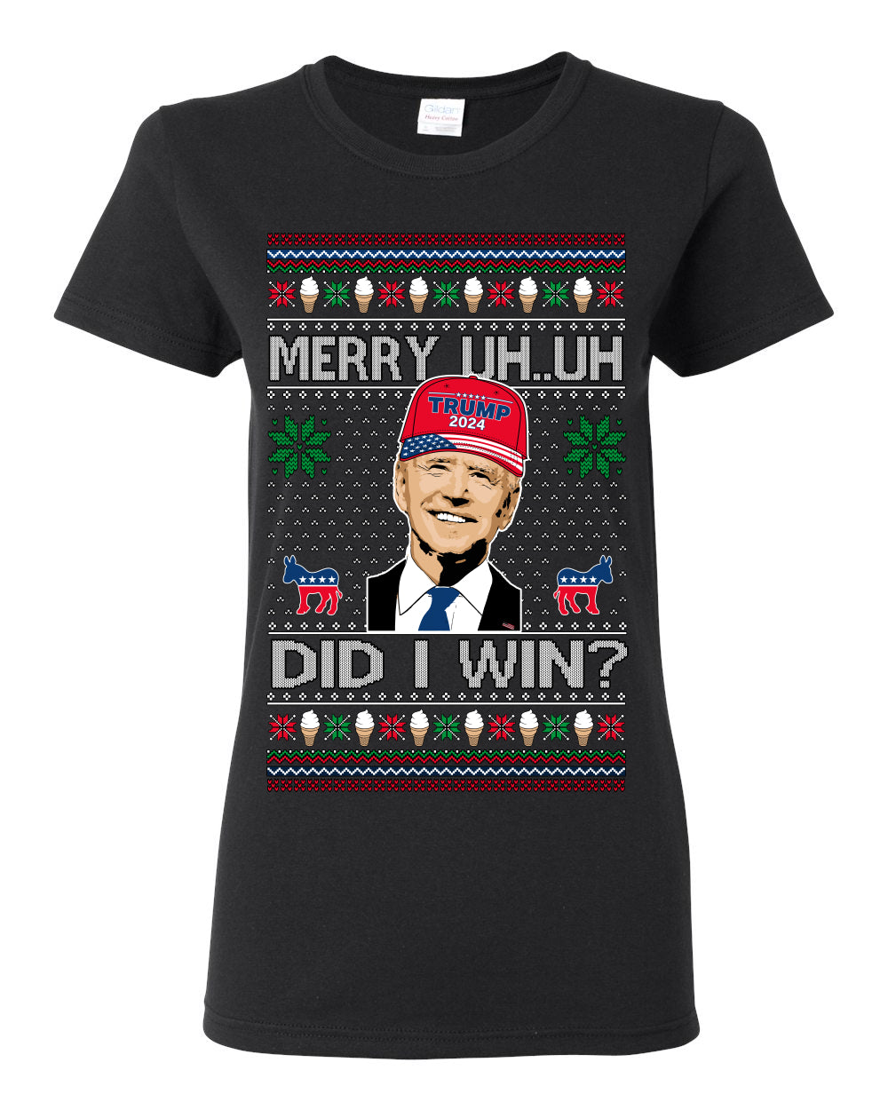 Merry Uh Did I Win? Funny Confused Joe Biden, Liberal Democrats Election 2024 Ugly Christmas Sweater Ugly Christmas Womens Graphic T-Shirt
