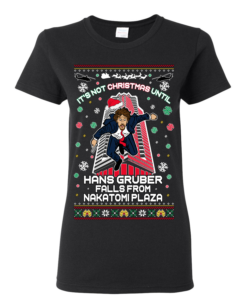 It's Not Christmas Until Hans Gruber Falls From Nakatomi Plaza, Color Design Skyscraper LA Falling Iconic 80s Xmas Movie Ugly Christmas Sweater Ugly Christmas Womens Graphic T-Shirt