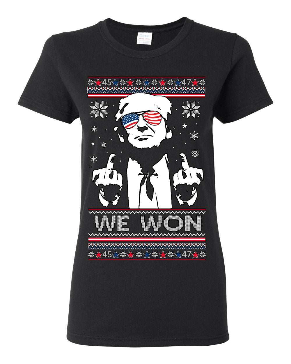 We Won Funny 45 47 President Trump Shot USA Glasses, 47th USA President of the United States, Gift for Republicans Conservatives Ugly Christmas Sweater Ugly Christmas Womens Graphic T-Shirt