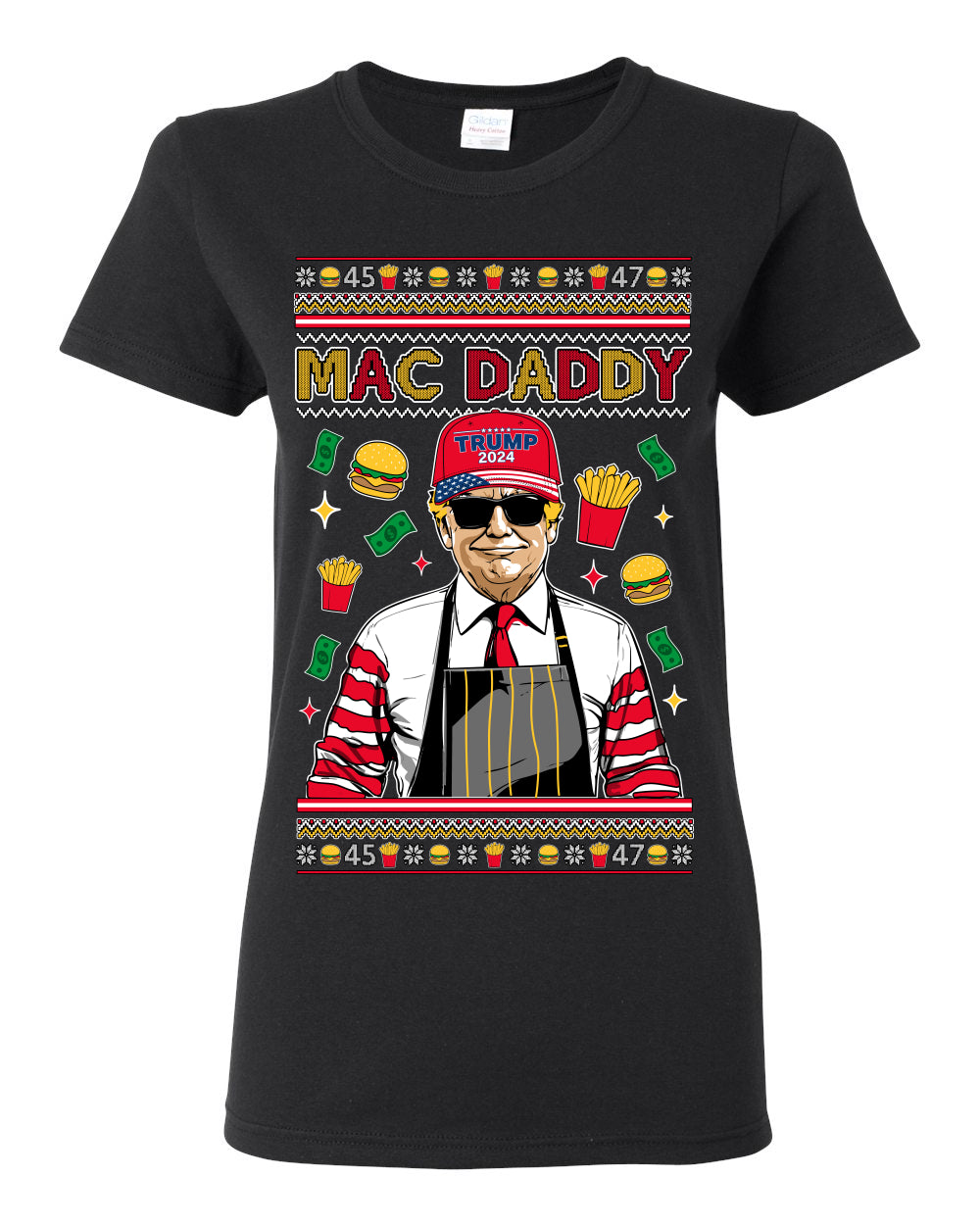 Mac Daddy Funny Viral Trump Meme, PA Fast Food Worker Chef Fries Burgers, 2024 MAGA Make America Great Again Ugly Christmas Sweater Ugly Christmas Womens Graphic T-Shirt