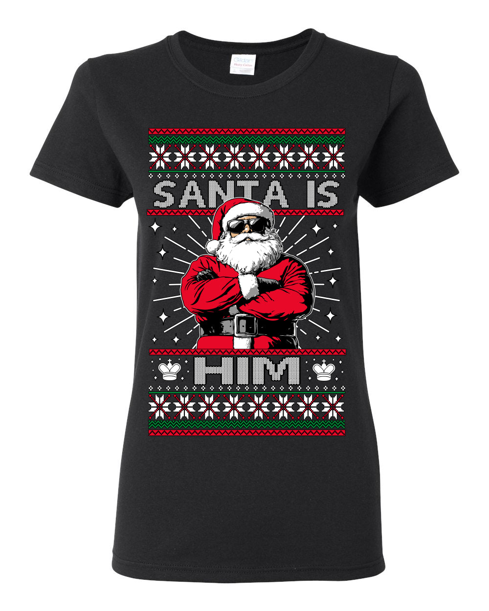Santa Is Him Funny Gen Z Viral Meme Shades, Religious Christ Christian Christianity Brain Rot Joke Slang Ugly Christmas Sweater Ugly Christmas Womens Graphic T-Shirt