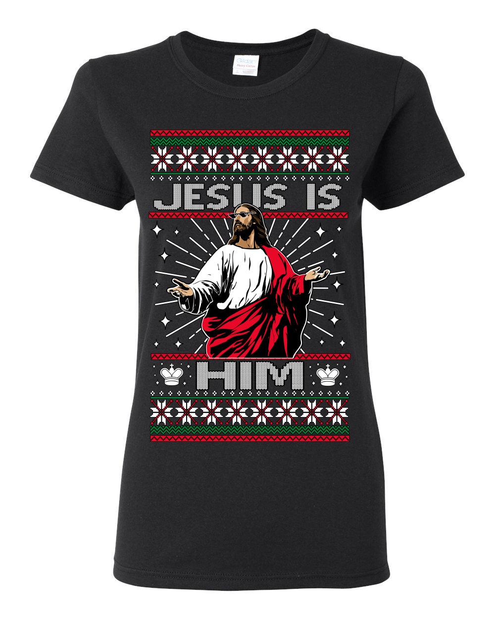 Jesus Is Him Funny Gen Z Viral Meme Shades, Religious Christ Christian Christianity Brain Rot Joke Slang Ugly Christmas Sweater Ugly Christmas Womens Graphic T-Shirt