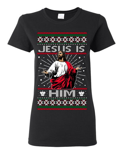 Jesus Is Him Funny Gen Z Viral Meme Shades, Religious Christ Christian Christianity Brain Rot Joke Slang Ugly Christmas Sweater Ugly Christmas Womens Graphic T-Shirt