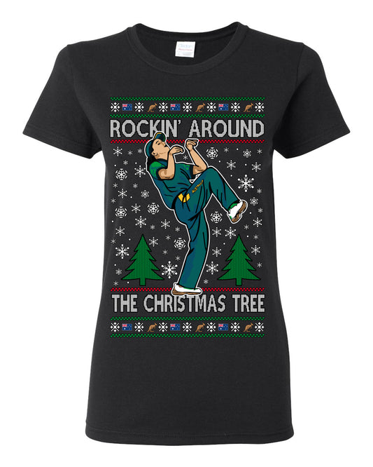 Rockin Around the Christmas Tree Raygun Viral Meme Australian AUS, Sports Australia Breakdancer Ray Gun Funny Ugly Christmas Sweater Ugly Christmas Womens Graphic T-Shirt