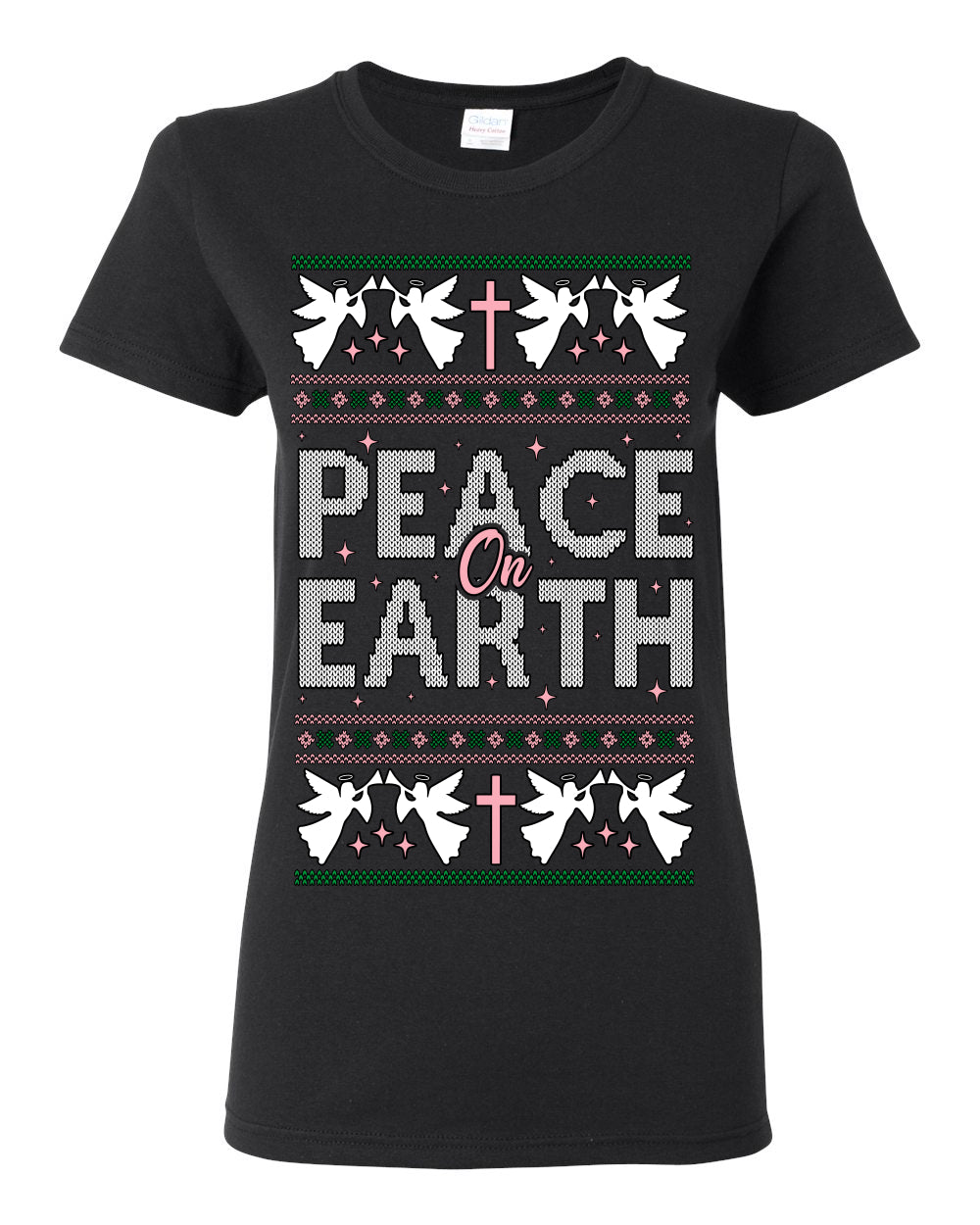 Peace On Earth Funny Xmas Cute Pink Angel Cross, Women Men Religious Christian Catholic Ugly Christmas Sweater Ugly Christmas Womens Graphic T-Shirt