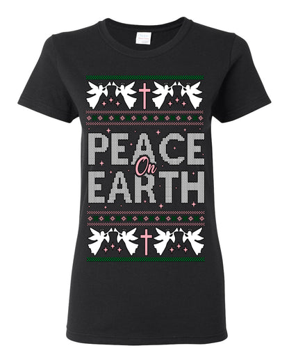 Peace On Earth Funny Xmas Cute Pink Angel Cross, Women Men Religious Christian Catholic Ugly Christmas Sweater Ugly Christmas Womens Graphic T-Shirt
