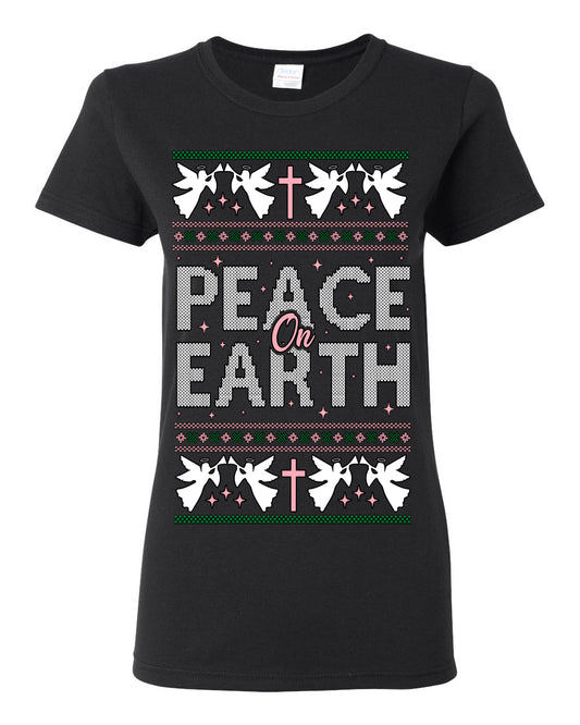 Peace On Earth Funny Xmas Cute Pink Angel Cross, Women Men Religious Christian Catholic Ugly Christmas Sweater Ugly Christmas Womens Graphic T-Shirt