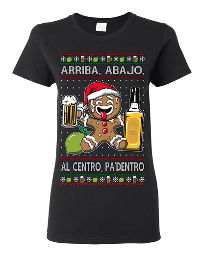 Arriba Abajo Al Centro Pa'Dentro Cheers to Health, Drinking Beer Cerveza Funny Gingerbread Xmas Cookie Ropa en Espanol Salud Ugly Christmas Sweater Ugly Christmas Womens Graphic T-Shirt