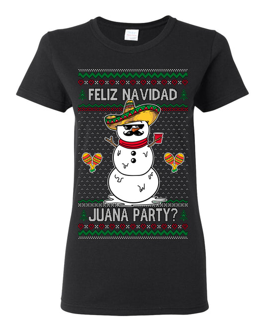 Feliz Navidad Juana Party? Funny Spanish Drinking Sueter Cerveza Ropa en Espanol Ugly Christmas Sweater Ugly Christmas Womens Graphic T-Shirt