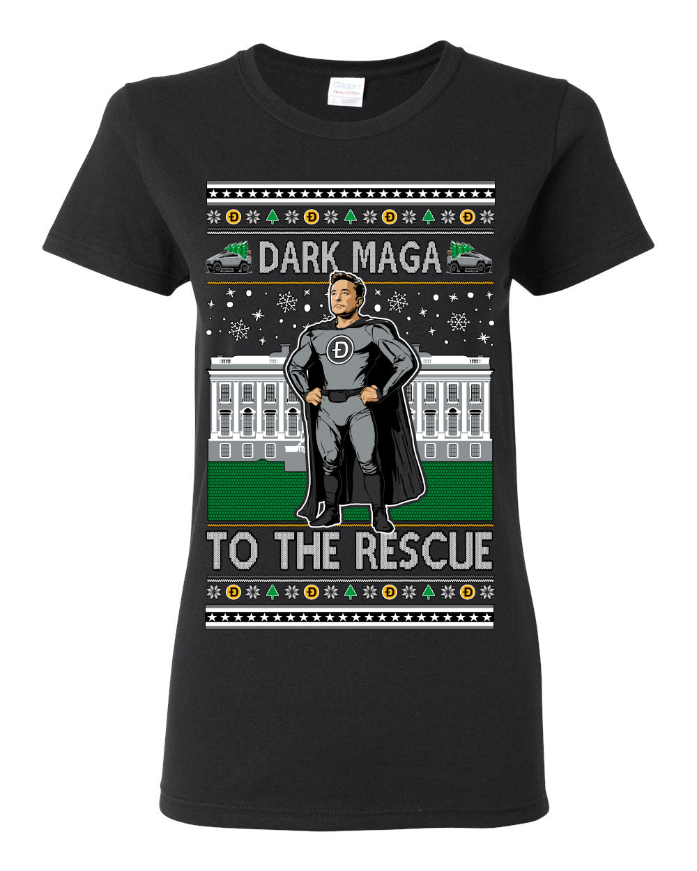 Dark MAGA to the Rescue, Elon Superhero Doge Crypto Dogecoin Make America Great Again Trump 2024 Ugly Christmas Sweater Ugly Christmas Womens Graphic T-Shirt