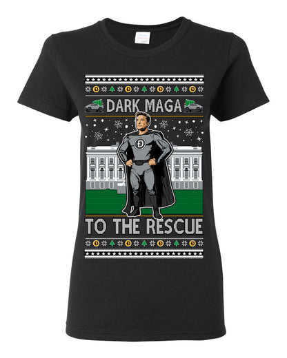 Dark MAGA to the Rescue, Elon Superhero Doge Crypto Dogecoin Make America Great Again Trump 2024 Ugly Christmas Sweater Ugly Christmas Womens Graphic T-Shirt