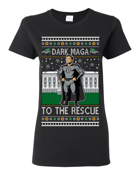 Dark MAGA to the Rescue, Elon Superhero Doge Crypto Dogecoin Make America Great Again Trump 2024 Ugly Christmas Sweater Ugly Christmas Womens Graphic T-Shirt