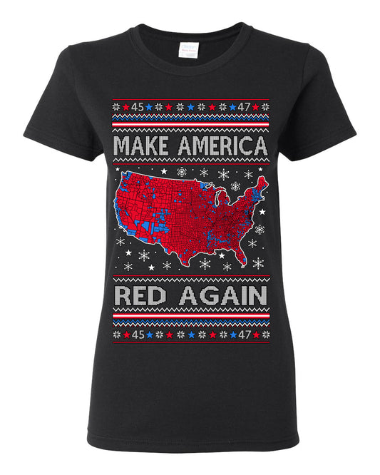 Make America Red Again USA Map, President Donald Trump 2024 MAGA Red Wave, Ugly Christmas Sweater Ugly Christmas Womens Graphic T-Shirt