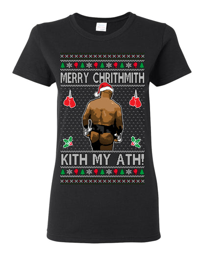 Merry Chrithmith Kith My Ath, Mike Tyson Butt Viral Kiss My Ass Boxing Fight Meme, Men Women Funny Ugly Christmas Sweater Ugly Christmas Womens Graphic T-Shirt