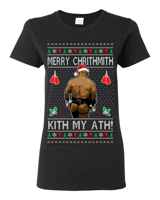 Merry Chrithmith Kith My Ath, Mike Tyson Butt Viral Kiss My Ass Boxing Fight Meme, Men Women Funny Ugly Christmas Sweater Ugly Christmas Womens Graphic T-Shirt