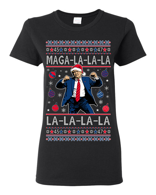 Maga La La La, Funny Xmas Santa Donald Trump Viral Shimmy Dance Classic Christmas Carol Song, Ugly Christmas Sweater Ugly Christmas Womens Graphic T-Shirt