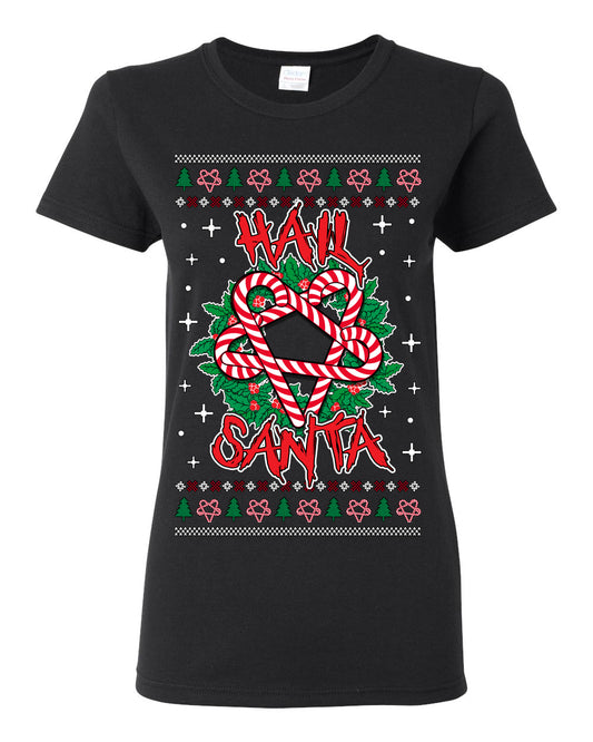 Hail Santa Funny Satanic, Candy Cane Wreath Devil Heavy Metal Rock Metalcore Music, Satan 666 Agnostic Areligious Ugly Christmas Sweater Ugly Christmas Womens Graphic T-Shirt
