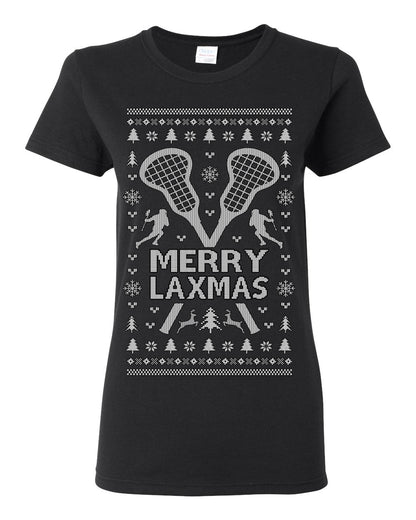 Merry Laxmas Funny Lacrosse Sports LAX, Teen Sport Player Boys Girls Adult Pun Ugly Christmas Sweater Ugly Christmas Womens Graphic T-Shirt